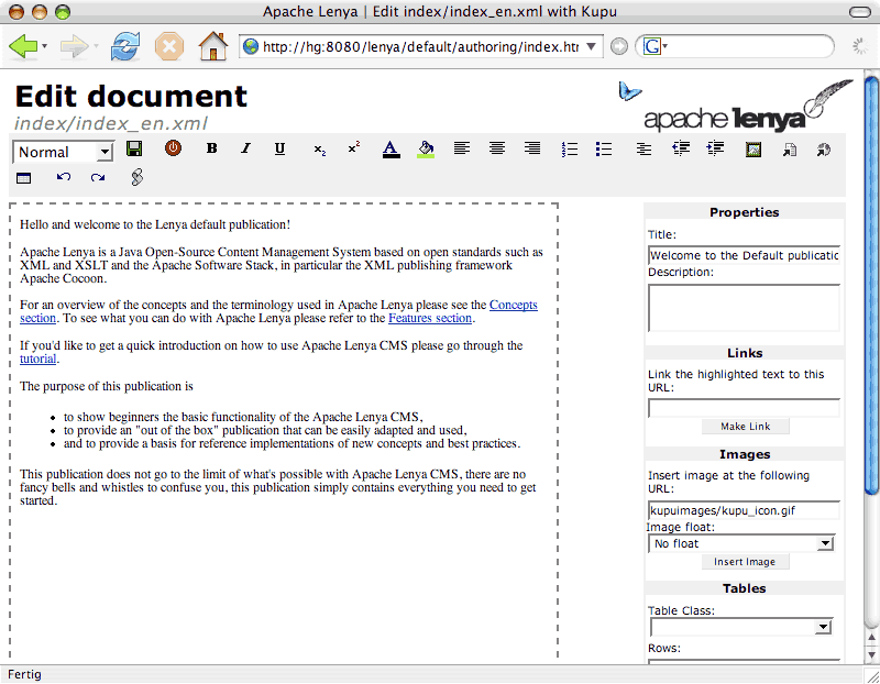Screenshot of editing a page with the Kupu editor inside Apache Lenya