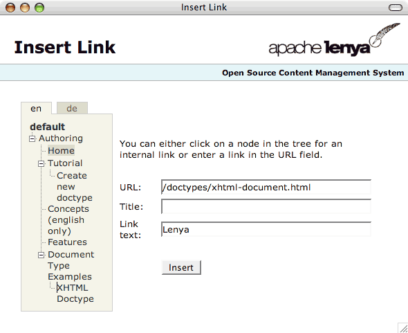 Screenshot of the insert link popup